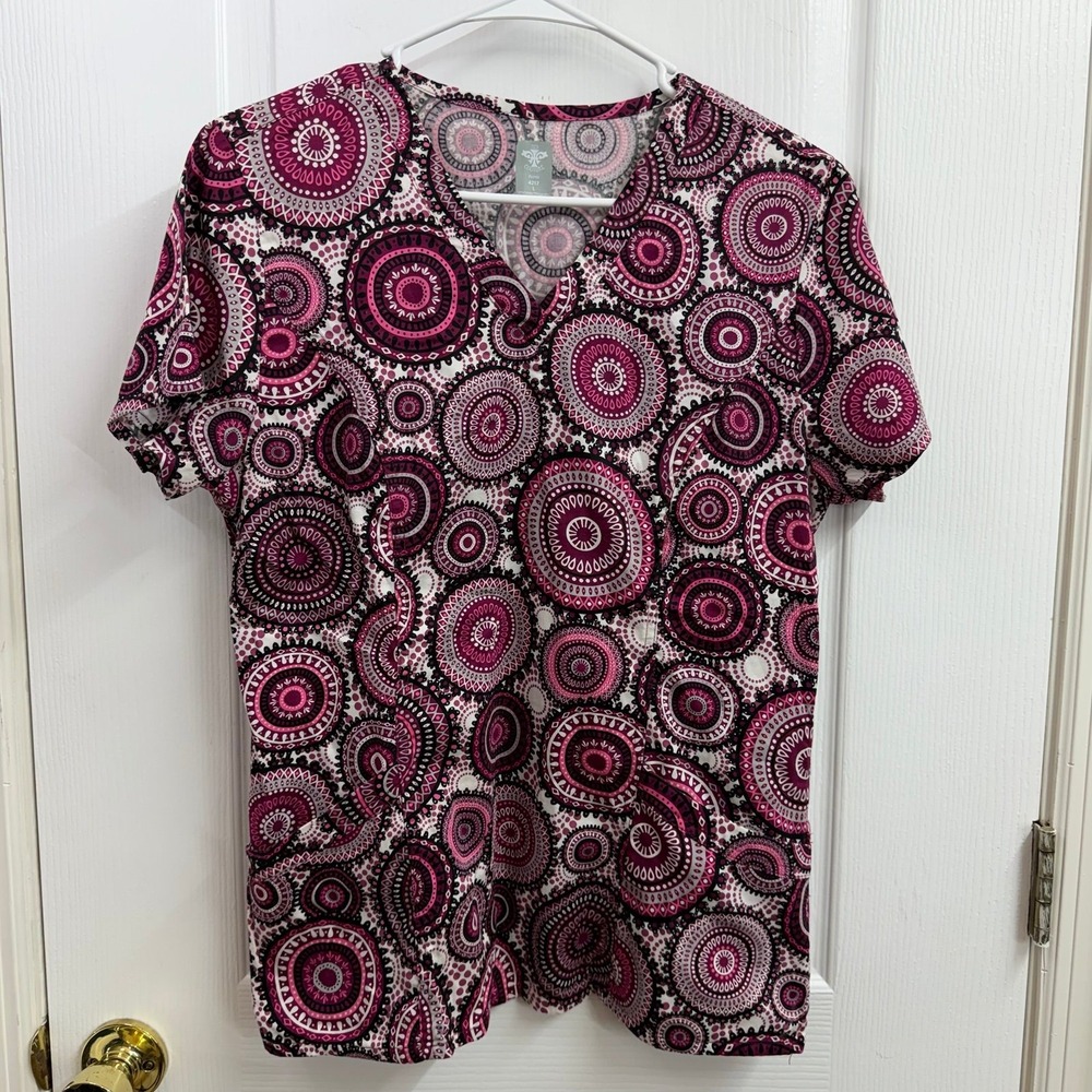 Med Couture pink purple Aztec mandala pattern nurse uniform scrub top shirt L